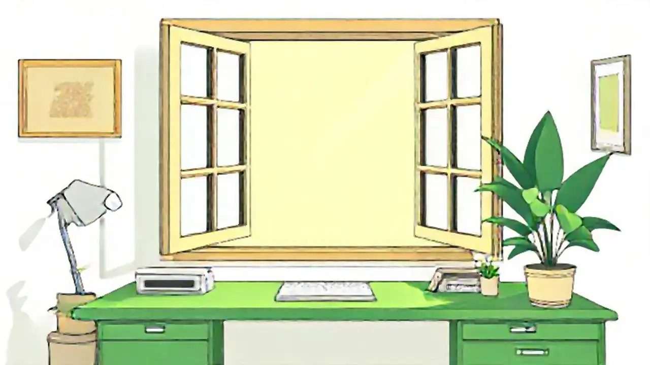 Escritorio verde, ventana abierta