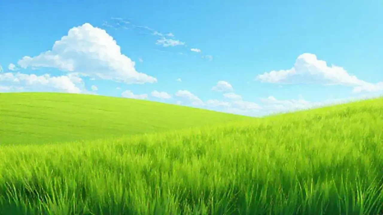 Cielo azul sobre campo verde