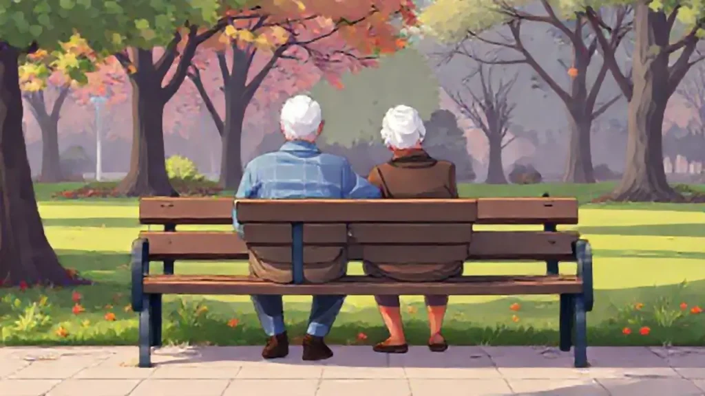 Una pareja mayor se sienta en un banco del parque
