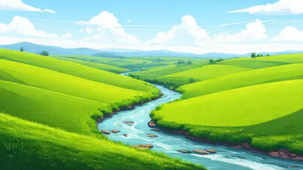 Campos verdes y río fluyendo