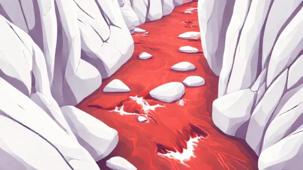 Río carmesí sobre piedra blanca