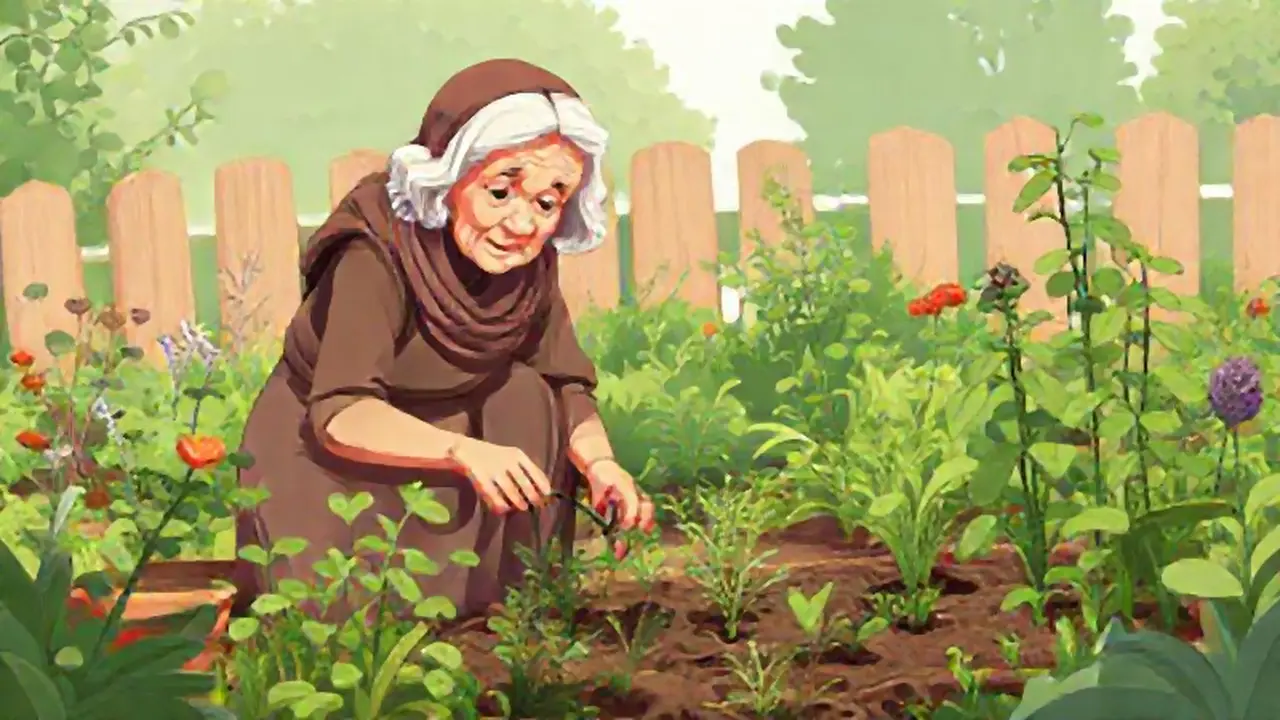 La anciana cuida su jardín de hierbas