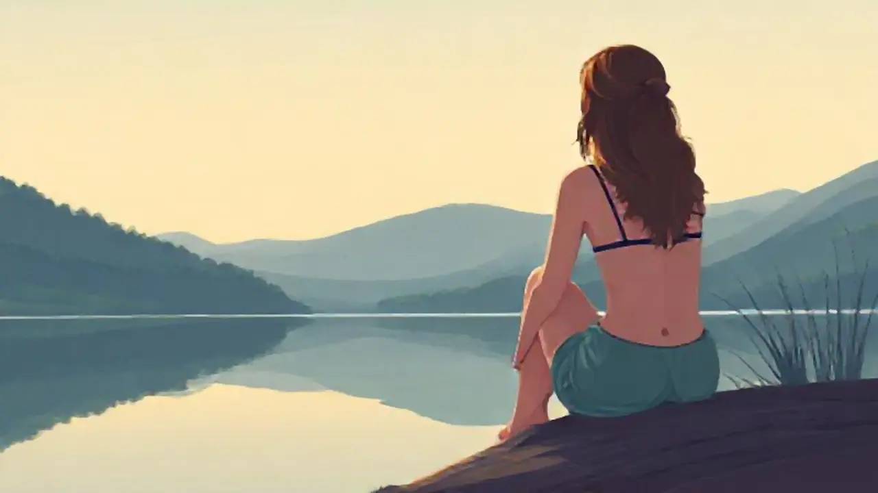 Mujer junto a un lago tranquilo