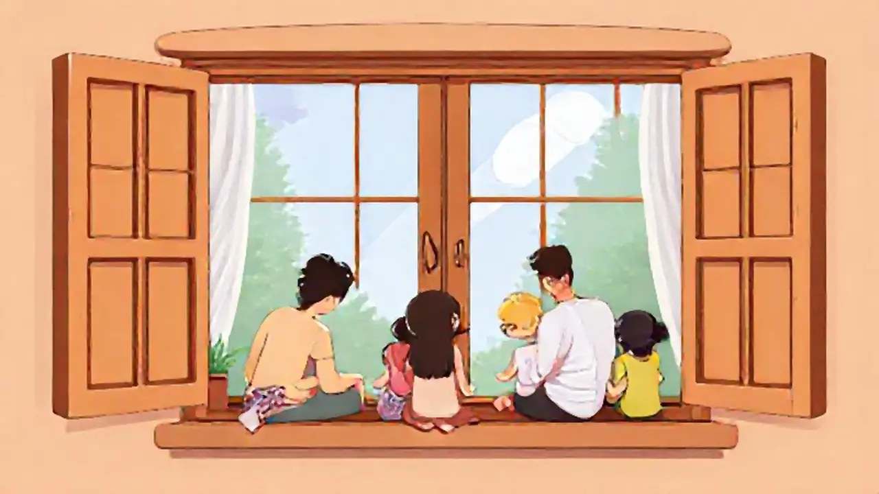 Familia reunida en la ventana